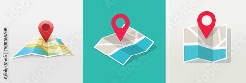 Map icon with pin gps vector flat and location marker pointer place in isometric design, concept of road trip direction position symbol, travel destination trip point, city street navigator image