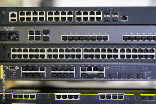 close up of rack mounted networking equipment