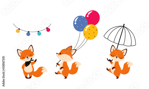 Cute Red Fox Walking with Umbrella and Carrying Bunch of Balloons Vector Set