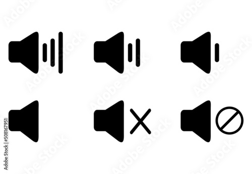 Vector illustration set of speaker buttons with various volume levels, sound buttons, icons, logos, videos, interfaces, multimedia themes