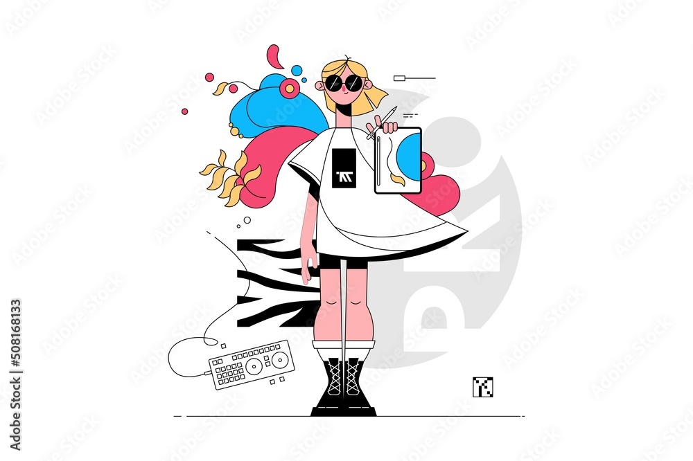 Obraz premium Girl holding graphic tablet with painting