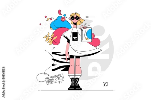 Girl holding graphic tablet with painting