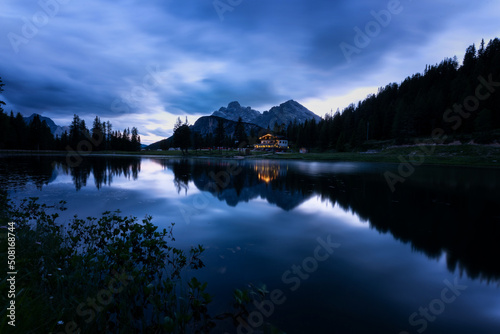Lake Antorno in the Dolomites on a dusk evening. 