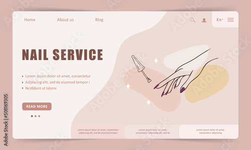 Nail service landing page template. Linear female hands. Beauty logo for manicure studio or spa salon. Vector Illustration in flat cartoon style. Website design.