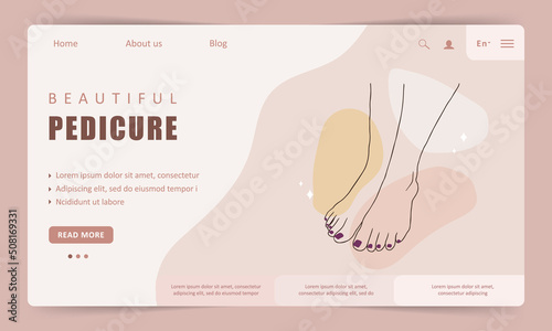 Pedicure service landing page template. Linear female hands. Beauty logo for manicure studio or spa salon. Vector Illustration in flat cartoon style. Website design.
