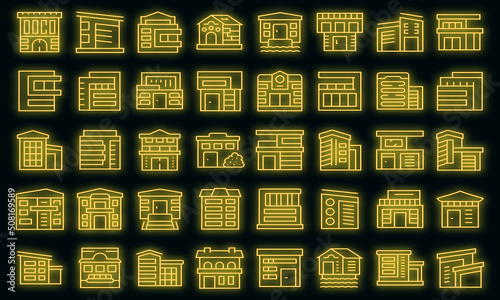 Villa icons set outline vector. Mansion house. Front home vector neon