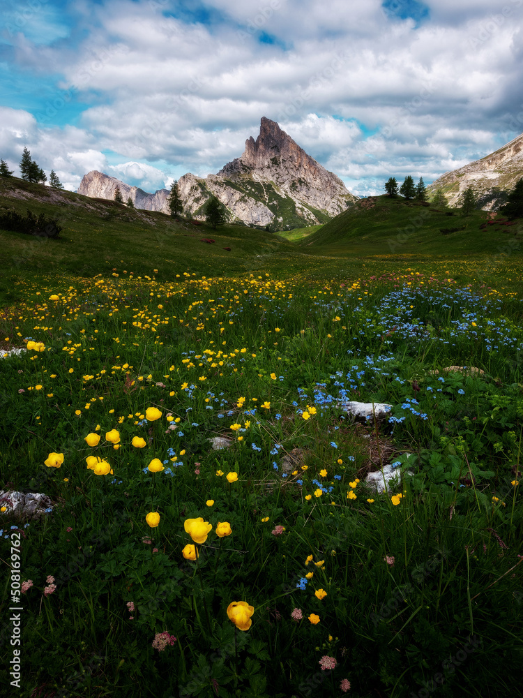 Mountain landscape above the Falzarego pass in the Dolomites