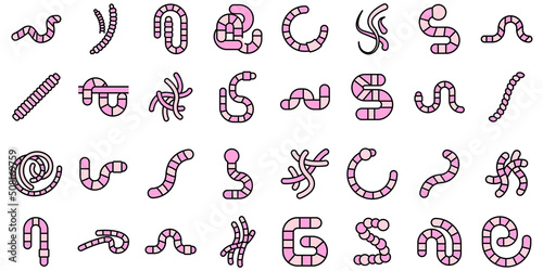 Worm icons set outline vector. Animal bait. Bookworm caterpillar thin line color flat on white
