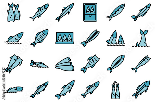 Herring icons set outline vector. Fish cod. Water trout thin line color flat on white