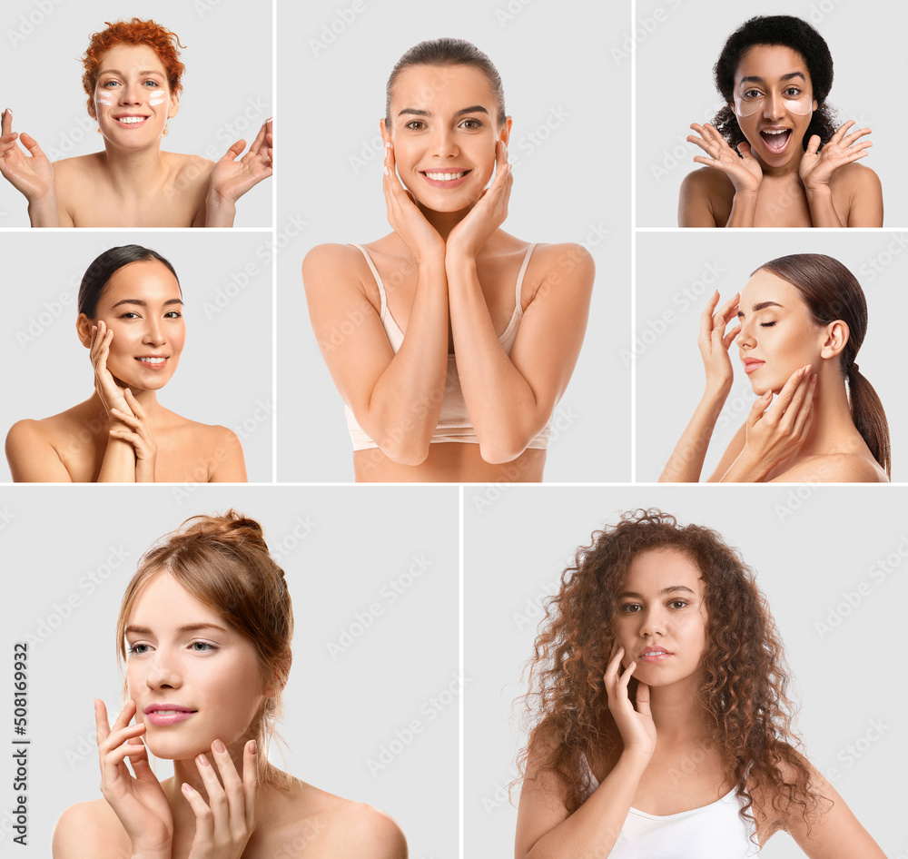 Collage with different attractive young women on light background. Skin care concept Collage with different attractive young women on light background. Skin care concept