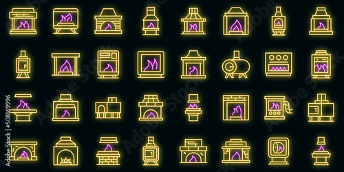 Furnace icons set outline vector. Industrial gas. Air burn vector neon