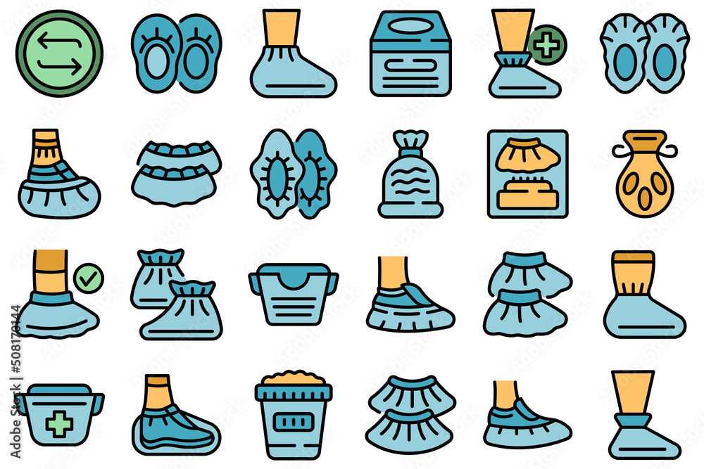 Shoe covers icons set outline vector. Hospital protection. Medical footwear thin line color flat on white