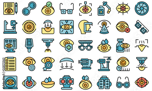 Laser vision correction icons set outline vector. Surgery refractive. Beam eye thin line color flat on white
