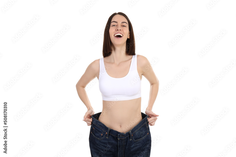 Concept of weight loss with thin girl, isolated on white background Concept of weight loss with thin girl, isolated on white background