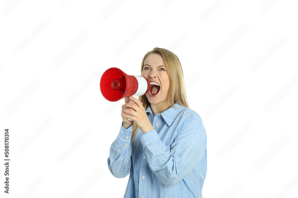Woman with megaphone isolated on white background Woman with megaphone isolated on white background