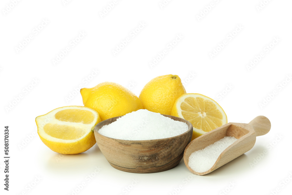 Concept of household cleaners with lemon acid, isolated on white background Concept of household cleaners with lemon acid, isolated on white background