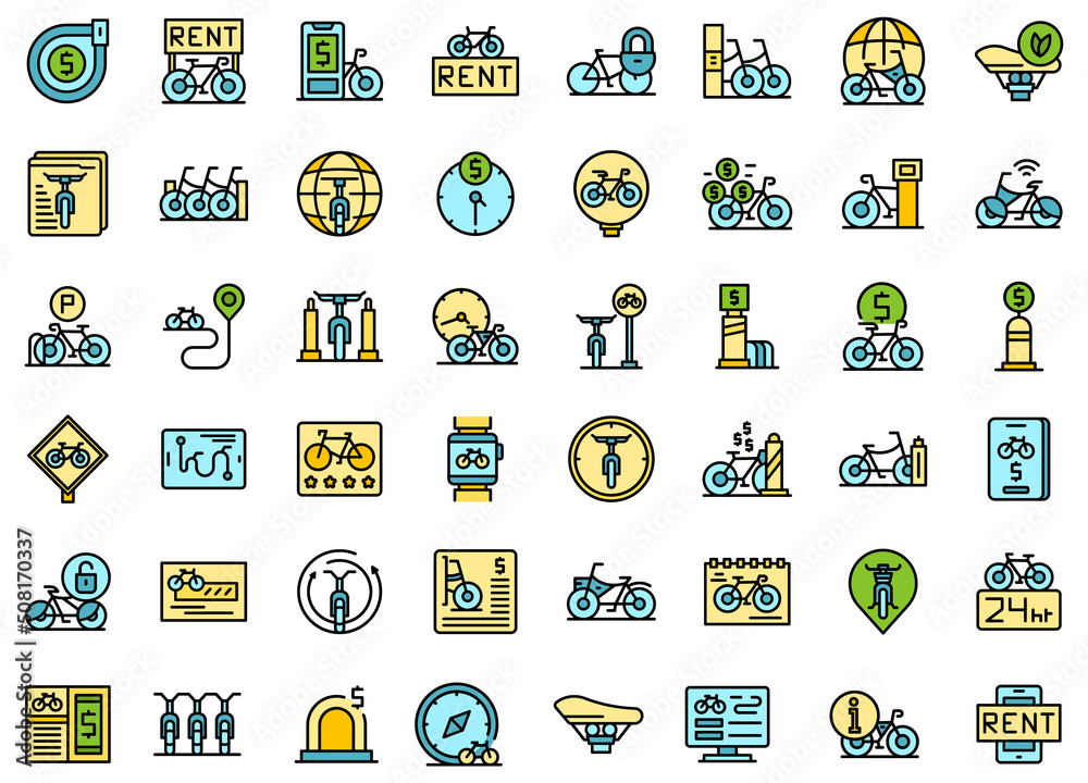 Bike sharing icons set outline vector. Bicycle station. City person thin line color flat on white Bike sharing icons set outline vector. Bicycle station. City person thin line color flat on white