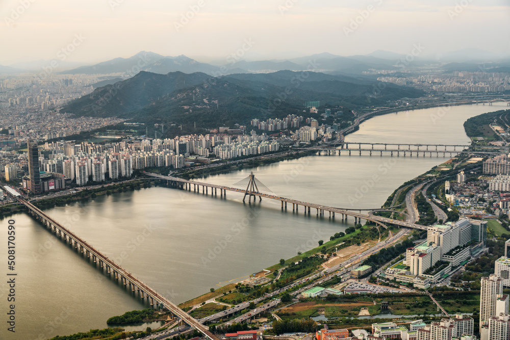 Aerial view of the Han River in Seoul, South Korea