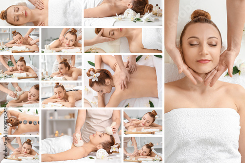 Collage with beautiful mature woman getting massage in spa salon