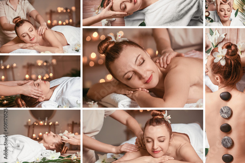 Collage with beautiful mature woman relaxing in spa salon