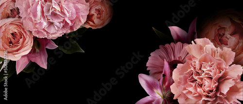 Fototapeta Naklejka Na Ścianę i Meble -  Many beautiful flowers on black background with space for text. Banner for design