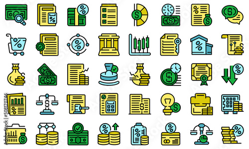 Lender icons set outline vector. Money borrow. Loan promise thin line color flat on white