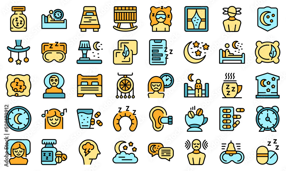 Insomnia icons set outline vector. Coffee man. Stress causes thin line color flat on white