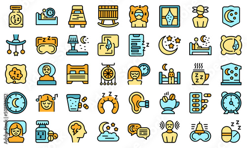 Insomnia icons set outline vector. Coffee man. Stress causes thin line color flat on white