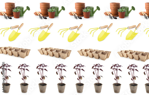 Many gardening tools on white background. Pattern for design