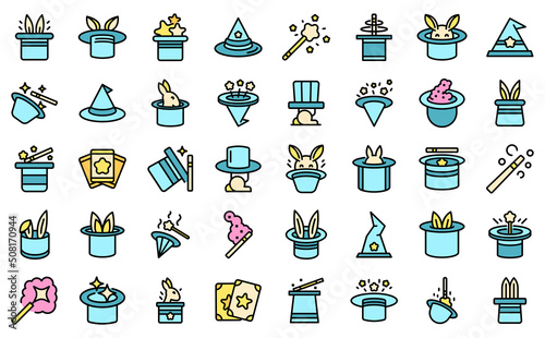 Magic hat icons set outline vector. Magician rabbit. Wizard ear thin line color flat on white