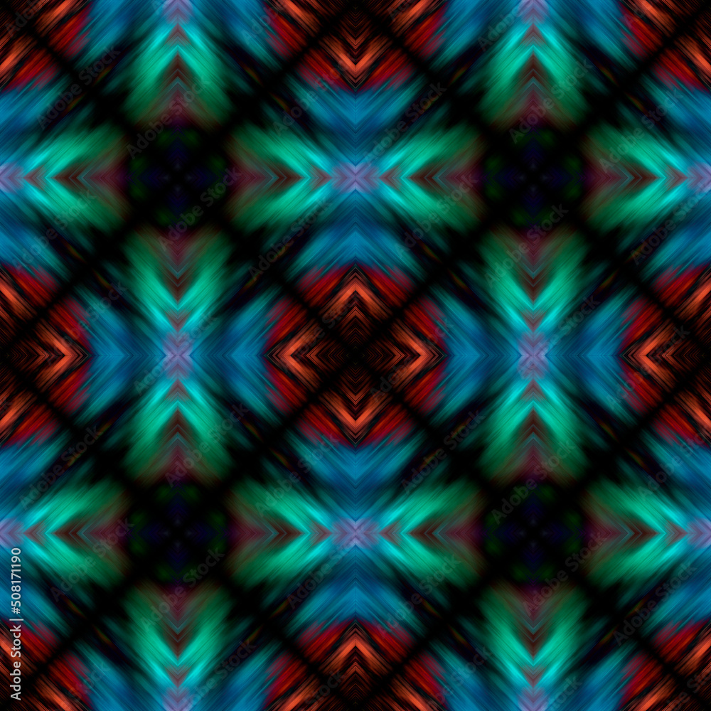 Obraz premium Multicolored glowing geometric pattern on a black background. Abstract seamless futuristic background.