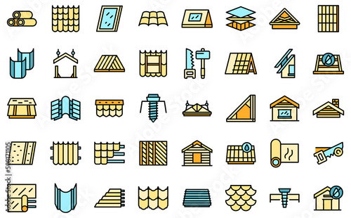 Install the roof icons set outline vector. Safety builder. Home construction thin line color flat on white
