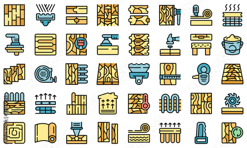 Floor installation icons set outline vector. Vinyl wall. Wood material thin line color flat on white