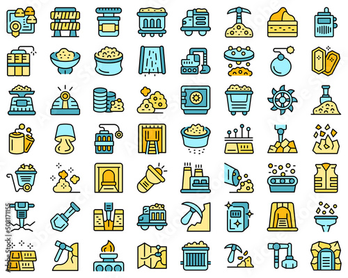 Gold mining icons set outline vector. Mine golden. Ore miner thin line color flat on white