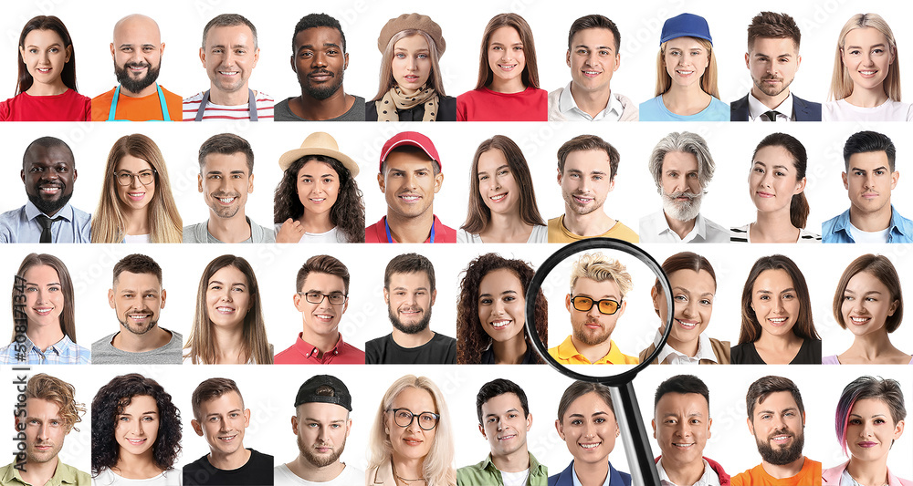 Fototapeta premium Many different people and magnifying glass on white background. Concept of search