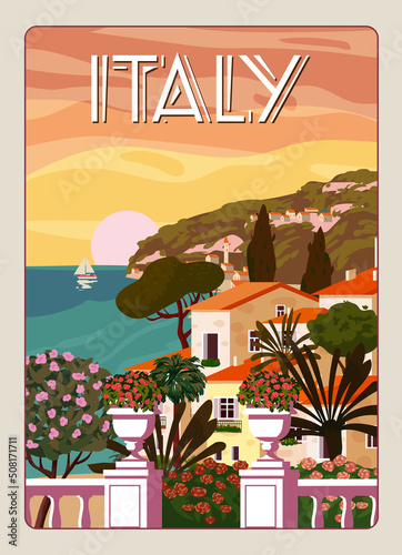 Retro Poster Italy, mediterranean romantic landscape, mountains, seaside town, sailboat, sea. Retro travel poster