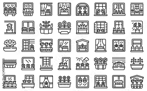 Garden on a windowsill icons set outline vector. Apartment blossom. Can care