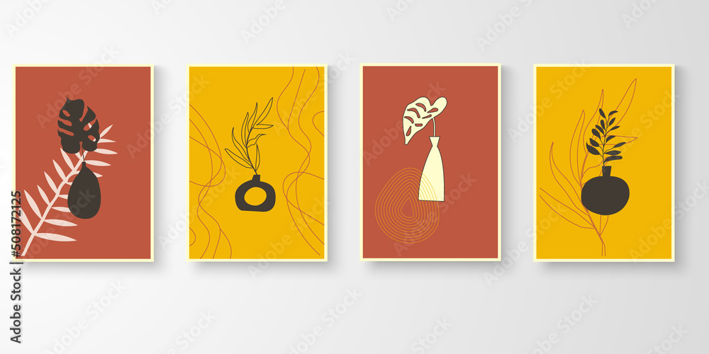 Set of botanical wall art. Minimal abstract art organic plants and pot shape composition. Vector illustration.