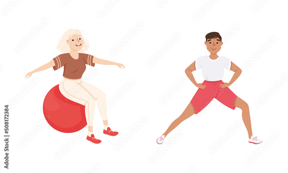 Young Male and Female in Athletic Wear at Gym Doing Physical Exercise and Workout Vector Set Young Male and Female in Athletic Wear at Gym Doing Physical Exercise and Workout Vector Set