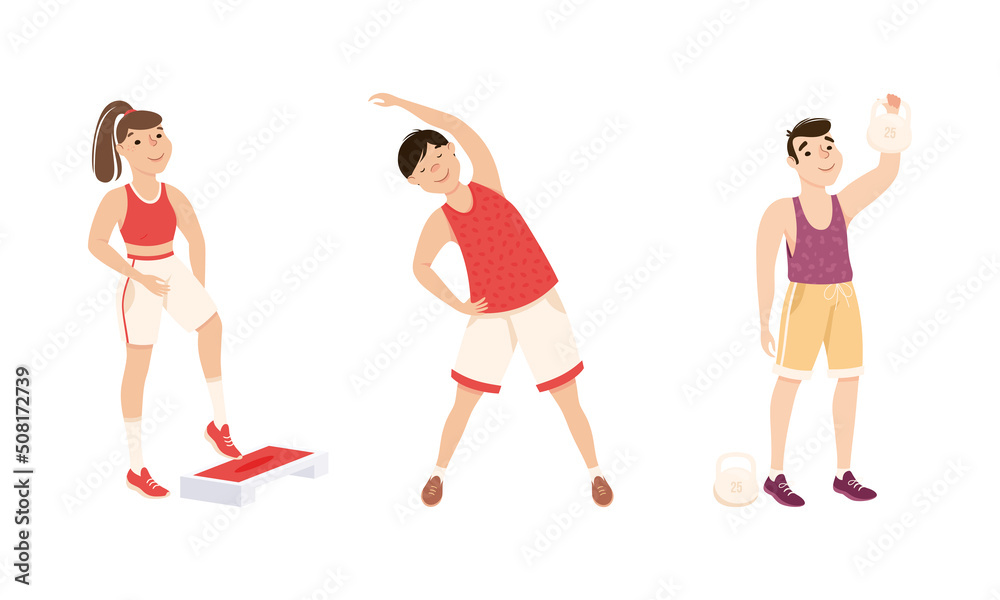 Young Male and Female in Athletic Wear at Gym Doing Physical Exercise and Workout Vector Set Young Male and Female in Athletic Wear at Gym Doing Physical Exercise and Workout Vector Set