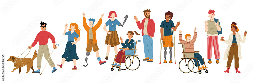 People with different disabilities waving hand. Vector flat illustration of characters with prosthesis of hand and leg, woman in wheelchair, african american man on crutches and blind with guide dog People with different disabilities waving hand. Vector flat illustration of characters with prosthesis of hand and leg, woman in wheelchair, african american man on crutches and blind with guide dog
