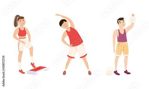 Young Male and Female in Athletic Wear at Gym Doing Physical Exercise and Workout Vector Set