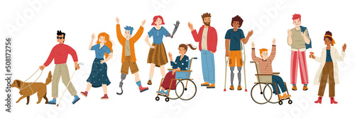 People with different disabilities waving hand. Vector flat illustration of characters with prosthesis of hand and leg, woman in wheelchair, african american man on crutches and blind with guide dog