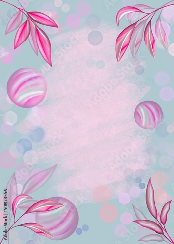 Background with pink watercolor texture with delicate branches and transparent balls.