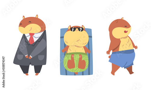 Cute Hamster Character with Stout Body Sunbathing and Wearing Office Suit Vector Set