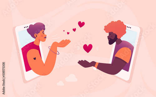 Virtual online gay love. Homosexual multiethnic male couple sending air kiss. Online dating.Transgender or queer. Gay pride month.