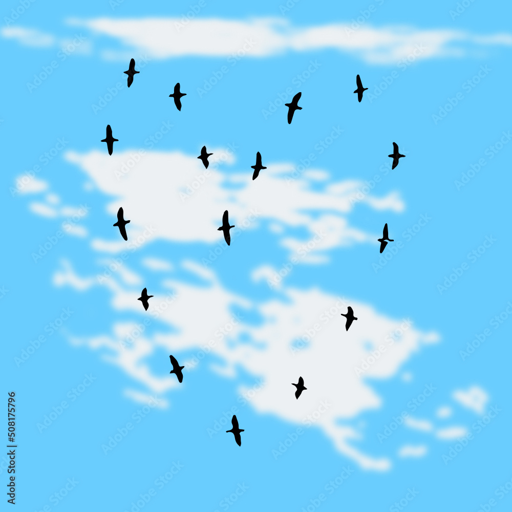 A flock of birds forming a heart shape in a sunny blue sky with white clouds, vector illustration
