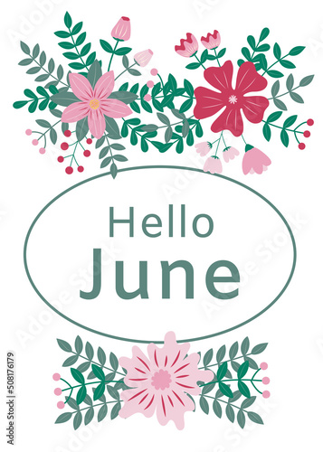 Hello June greeting card with floral ornament on white background