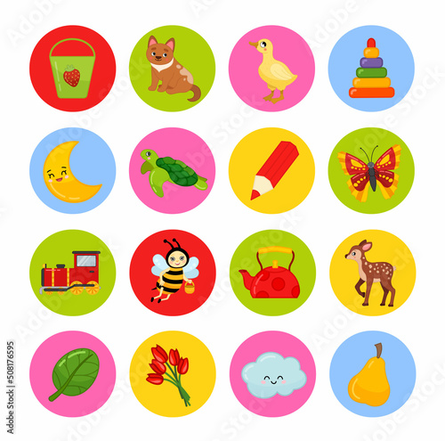 Vector set of cute baby stickers. Collection of stickers for kindergarten lockers. Encouragement stickers for kids.
