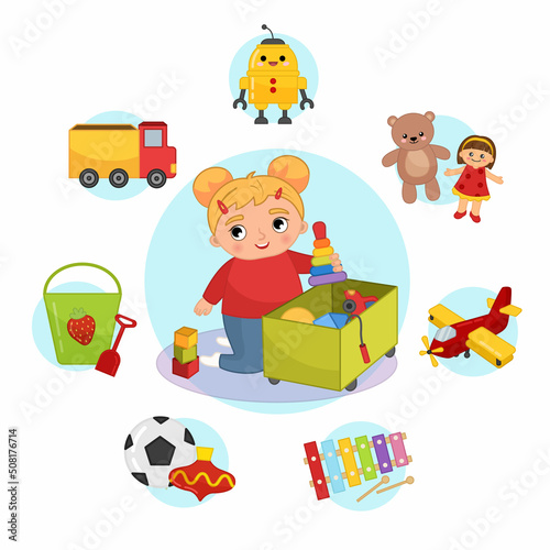 Vector illustration of a cute little girl puts away toys in a box. Toy icons set in cartoon style.

